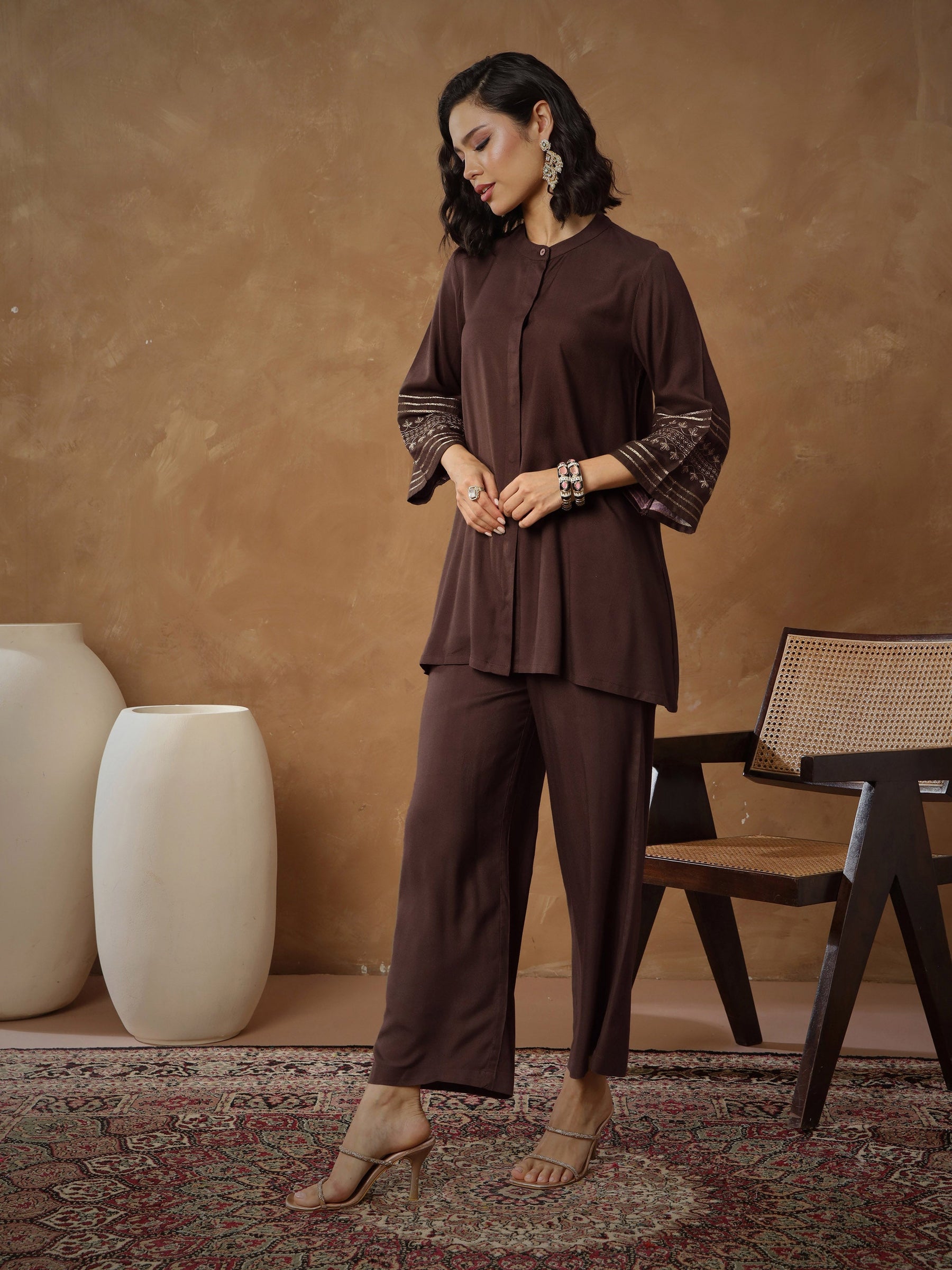 Brown Zari Embroidered Sleeve Top With Pants-Shae By SASSAFRAS