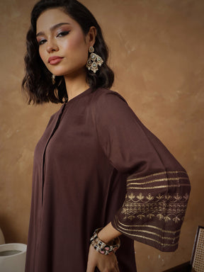 Brown Zari Embroidered Sleeve Top With Pants-Shae By SASSAFRAS