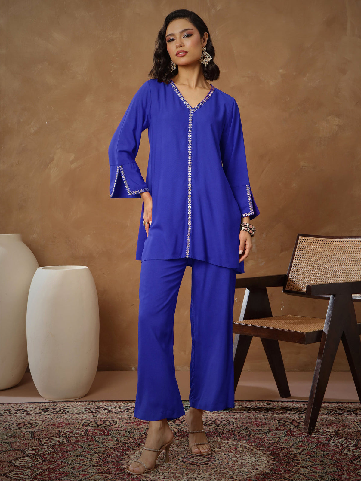 Navy Embroidered A-Line Top With Pants-Shae By SASSAFRAS
