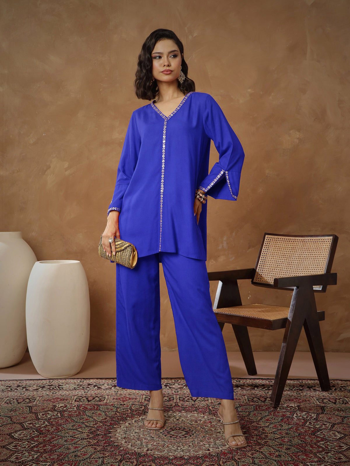 Navy Embroidered A-Line Top With Pants-Shae By SASSAFRAS