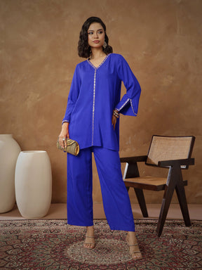 Navy Embroidered A-Line Top With Pants-Shae By SASSAFRAS