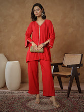 Red Embroidered A-Line Top With Pants-Shae By SASSAFRAS