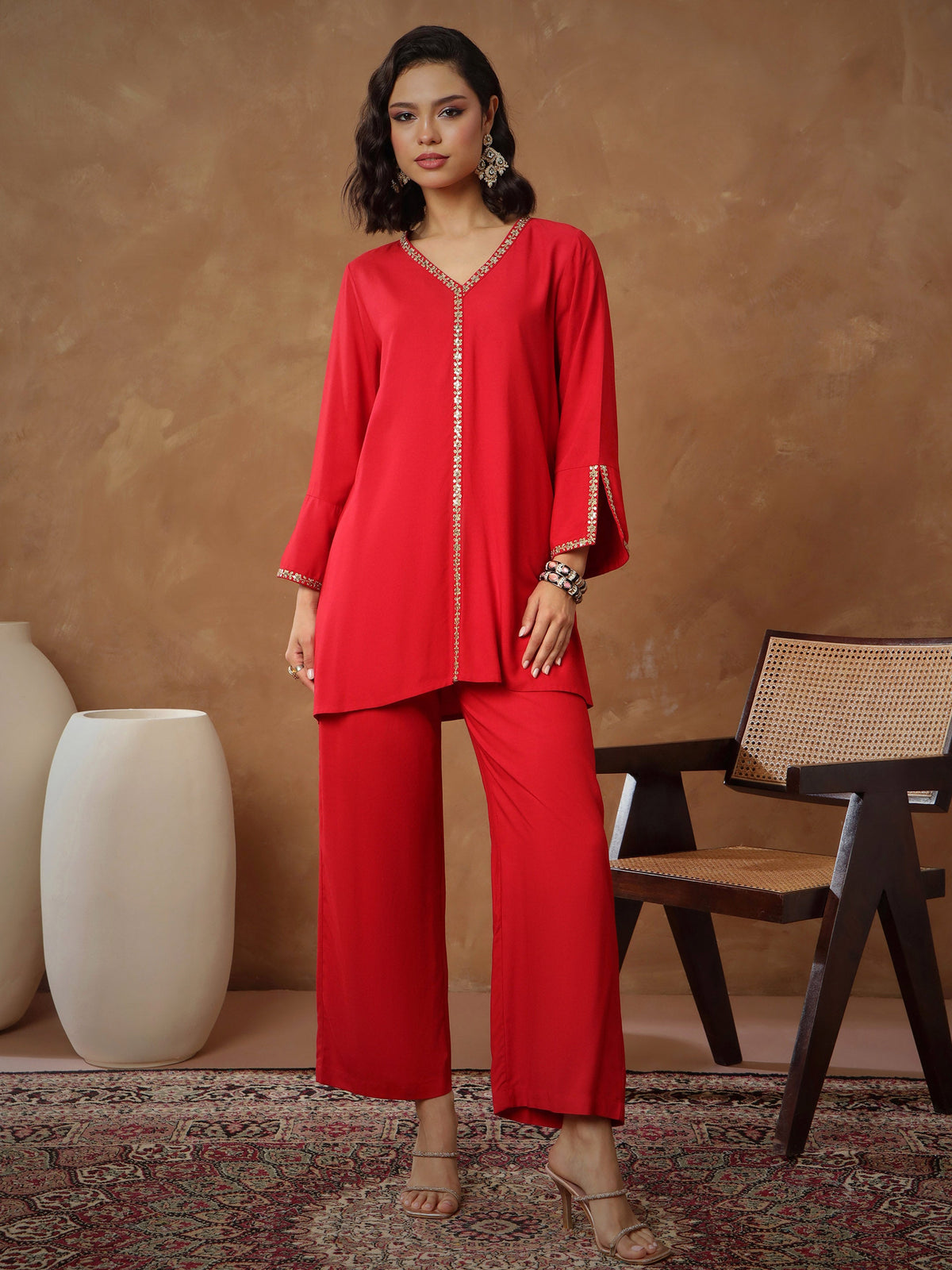 Red Embroidered A-Line Top With Pants-Shae By SASSAFRAS