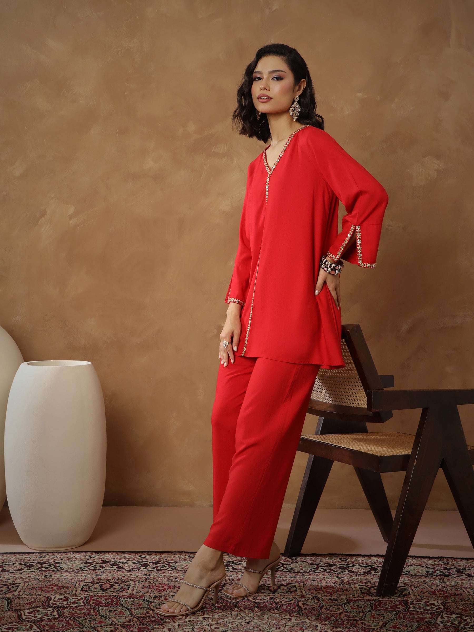 Red Embroidered A-Line Top With Pants-Shae By SASSAFRAS