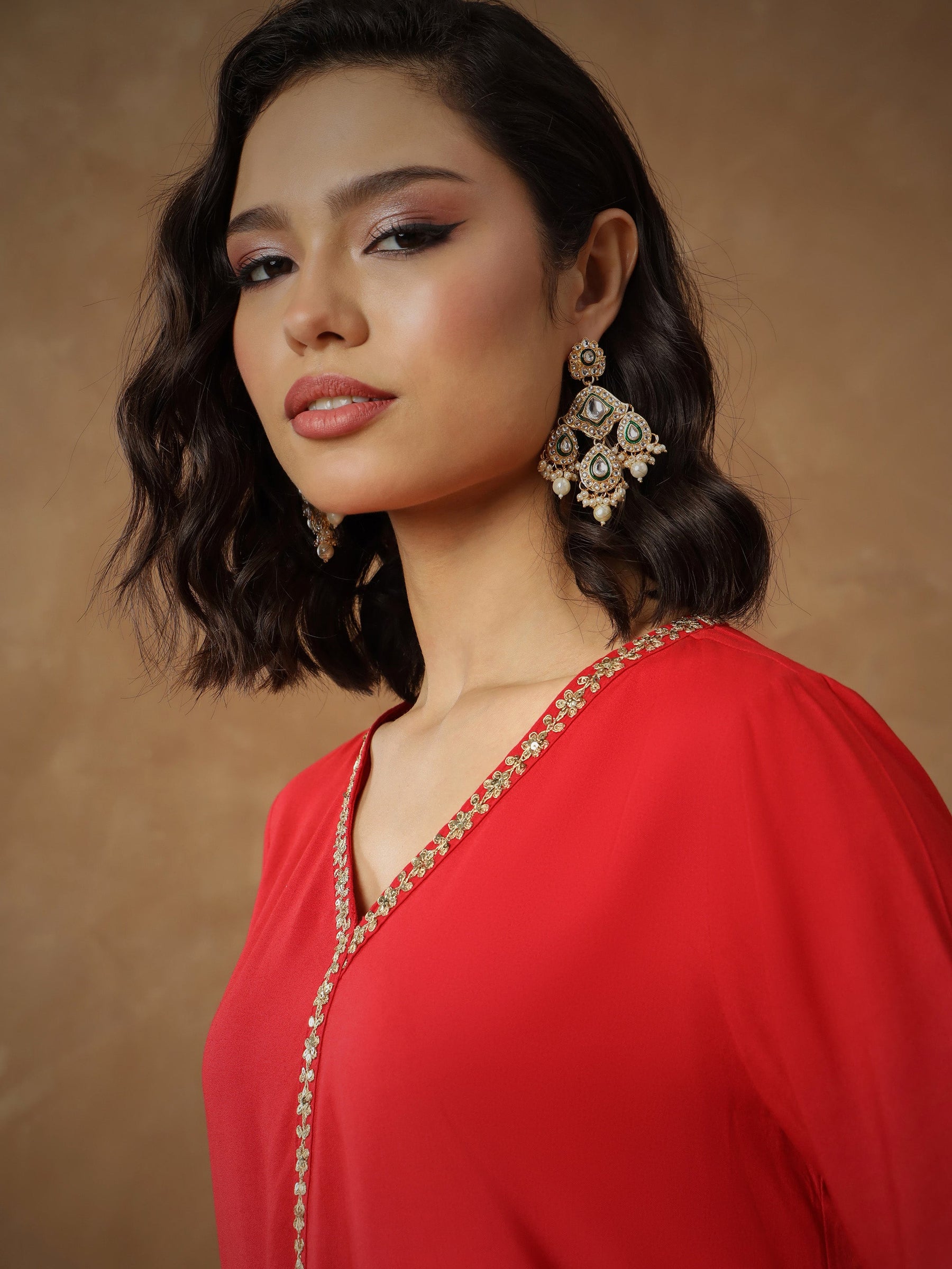 Red Embroidered A-Line Top With Pants-Shae By SASSAFRAS