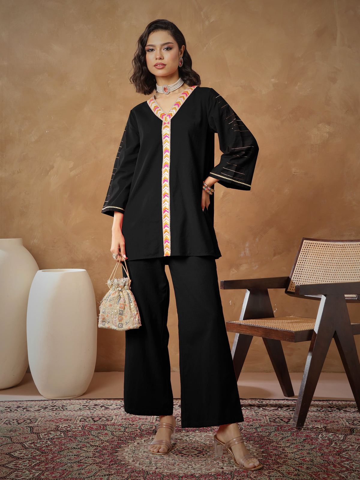 Black Embroidered A-Line Top With Straight Pants -Shae By SASSAFRAS