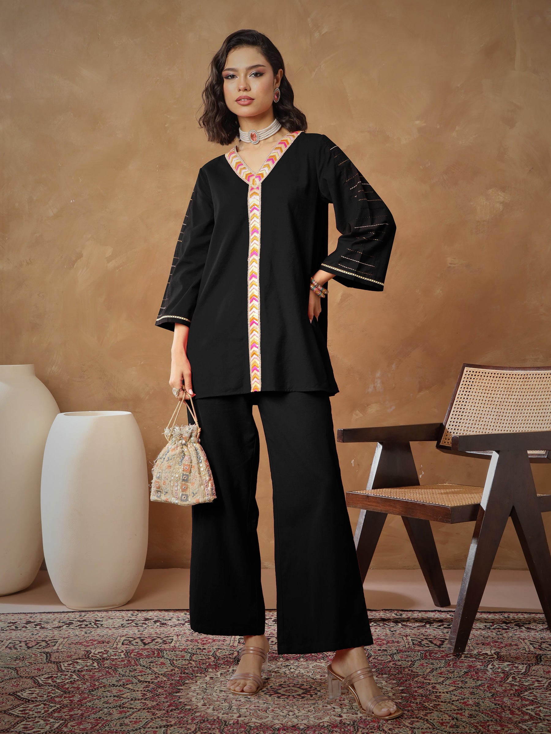 Black Embroidered A-Line Top With Straight Pants -Shae By SASSAFRAS