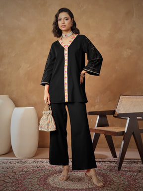 Black Embroidered A-Line Top With Straight Pants -Shae By SASSAFRAS