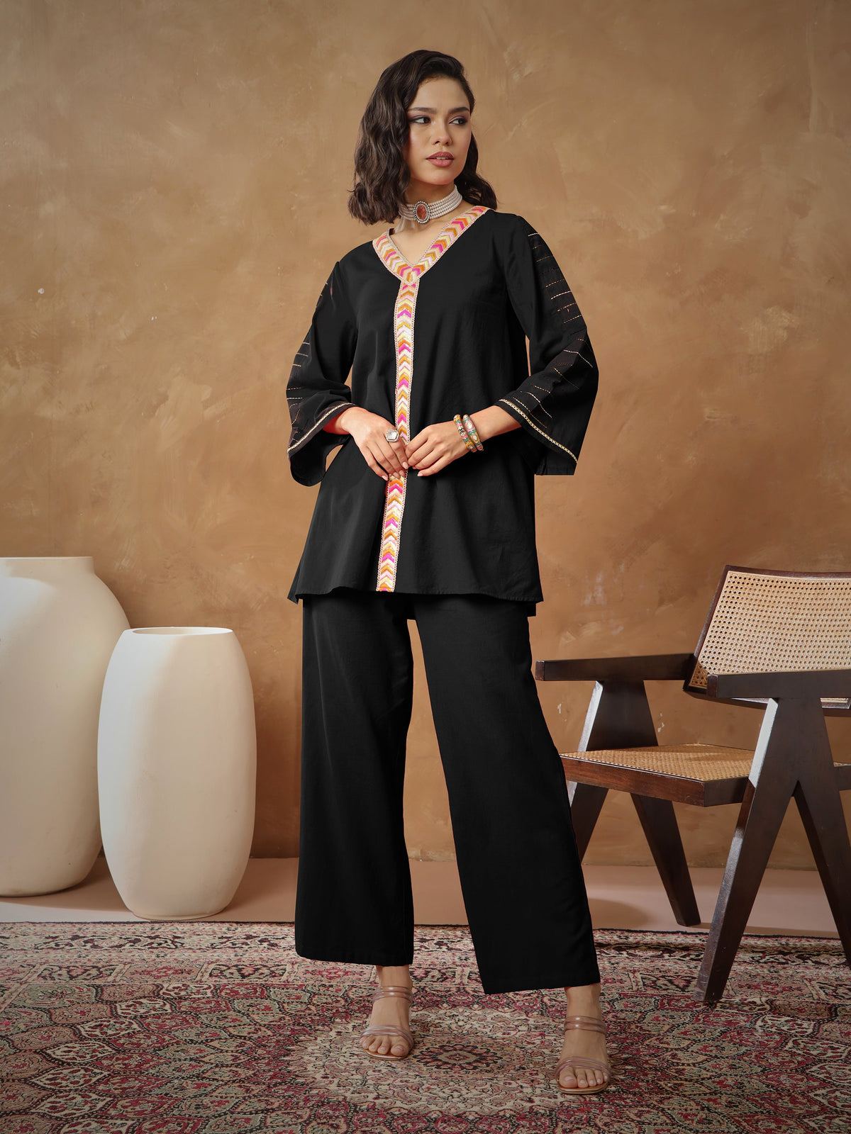 Black Embroidered A-Line Top With Straight Pants -Shae By SASSAFRAS