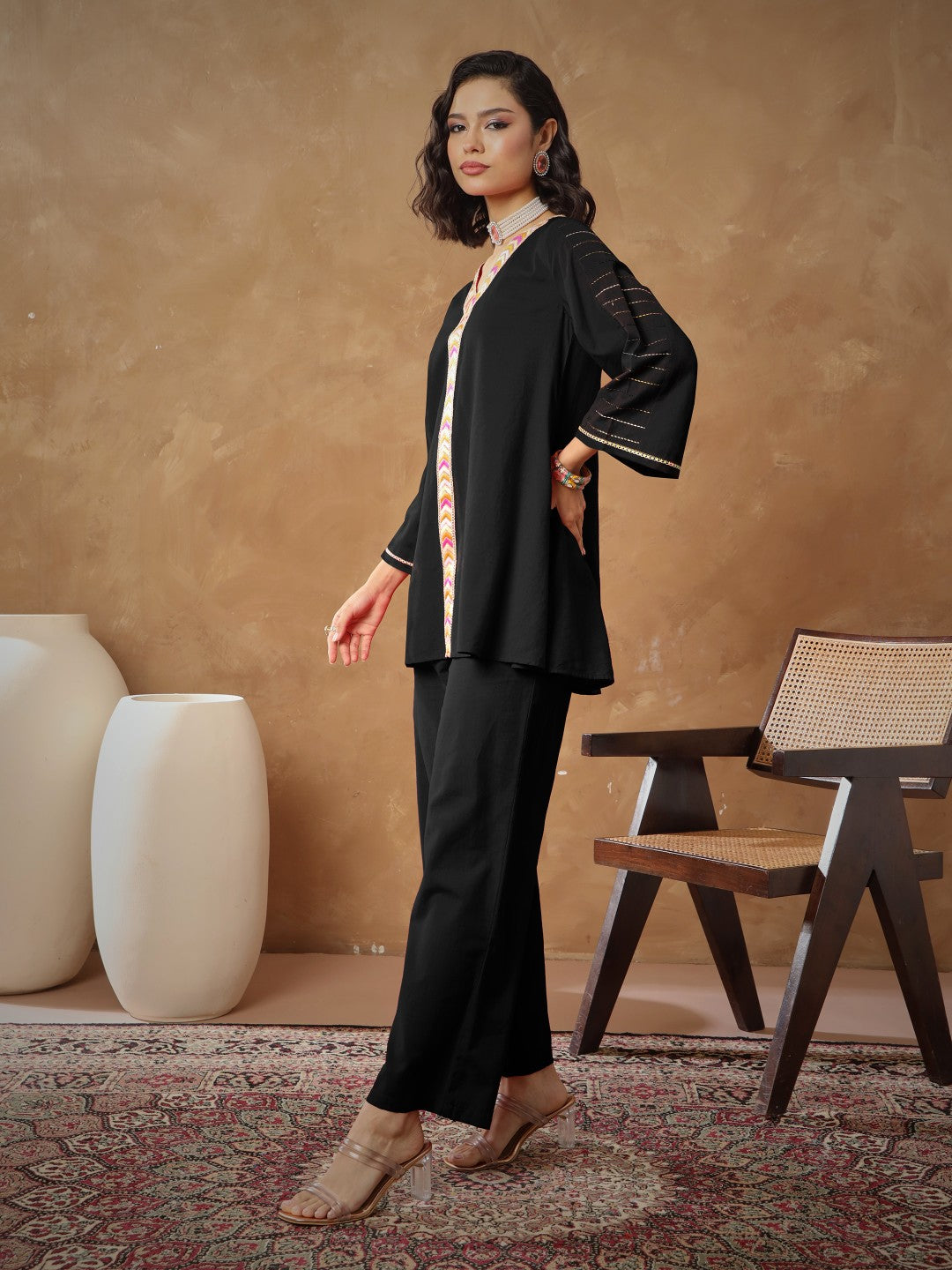 Black Embroidered A-Line Top With Straight Pants -Shae By SASSAFRAS