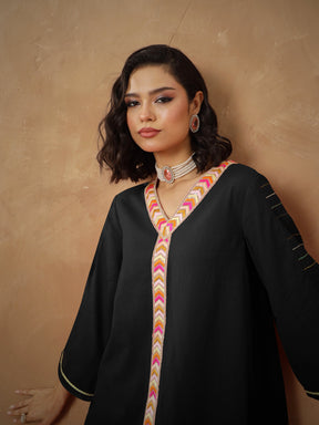 Black Embroidered A-Line Top With Straight Pants -Shae By SASSAFRAS