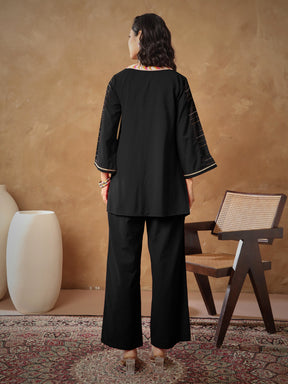 Black Embroidered A-Line Top With Straight Pants -Shae By SASSAFRAS