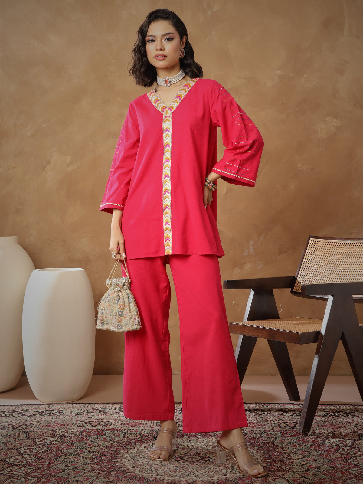 Fuchsia Embroidered A-Line Top With Straight Pants-Shae By SASSAFRAS