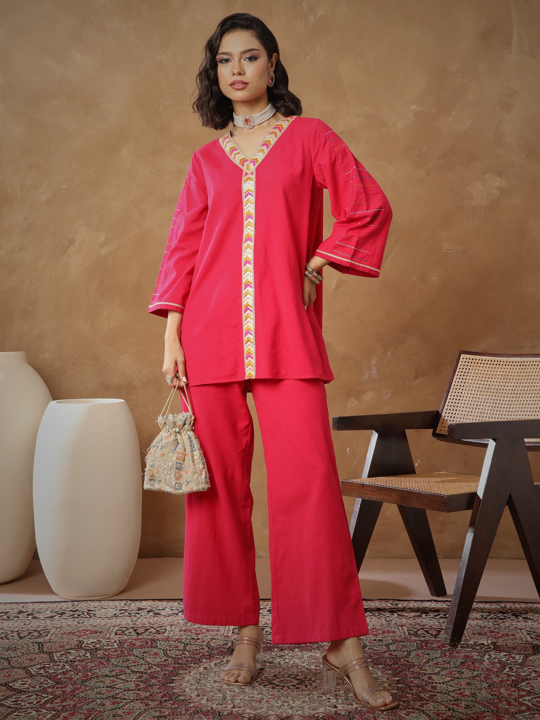 Fuchsia Embroidered A-Line Top With Straight Pants-Shae By SASSAFRAS
