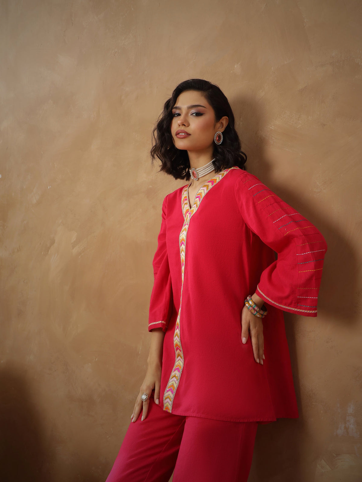 Fuchsia Embroidered A-Line Top With Straight Pants-Shae By SASSAFRAS