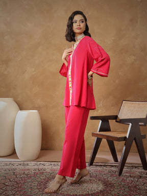 Fuchsia Embroidered A-Line Top With Straight Pants-Shae By SASSAFRAS