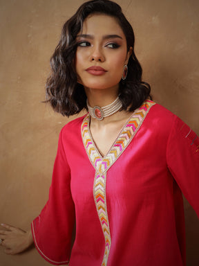 Fuchsia Embroidered A-Line Top With Straight Pants-Shae By SASSAFRAS