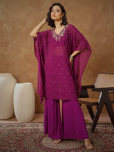 Purple Embroidered Kaftan With Cami & Flared Pants-Shae By SASSAFRAS