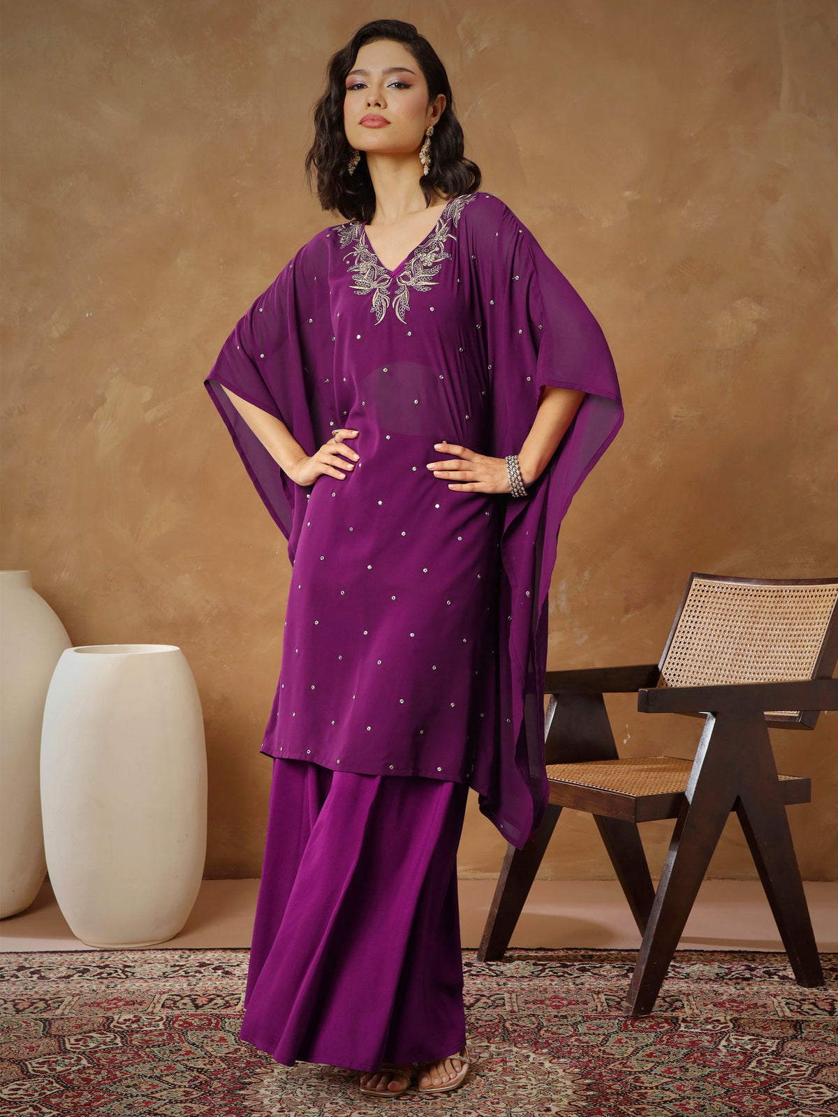 Purple Embroidered Kaftan With Cami & Flared Pants-Shae By SASSAFRAS