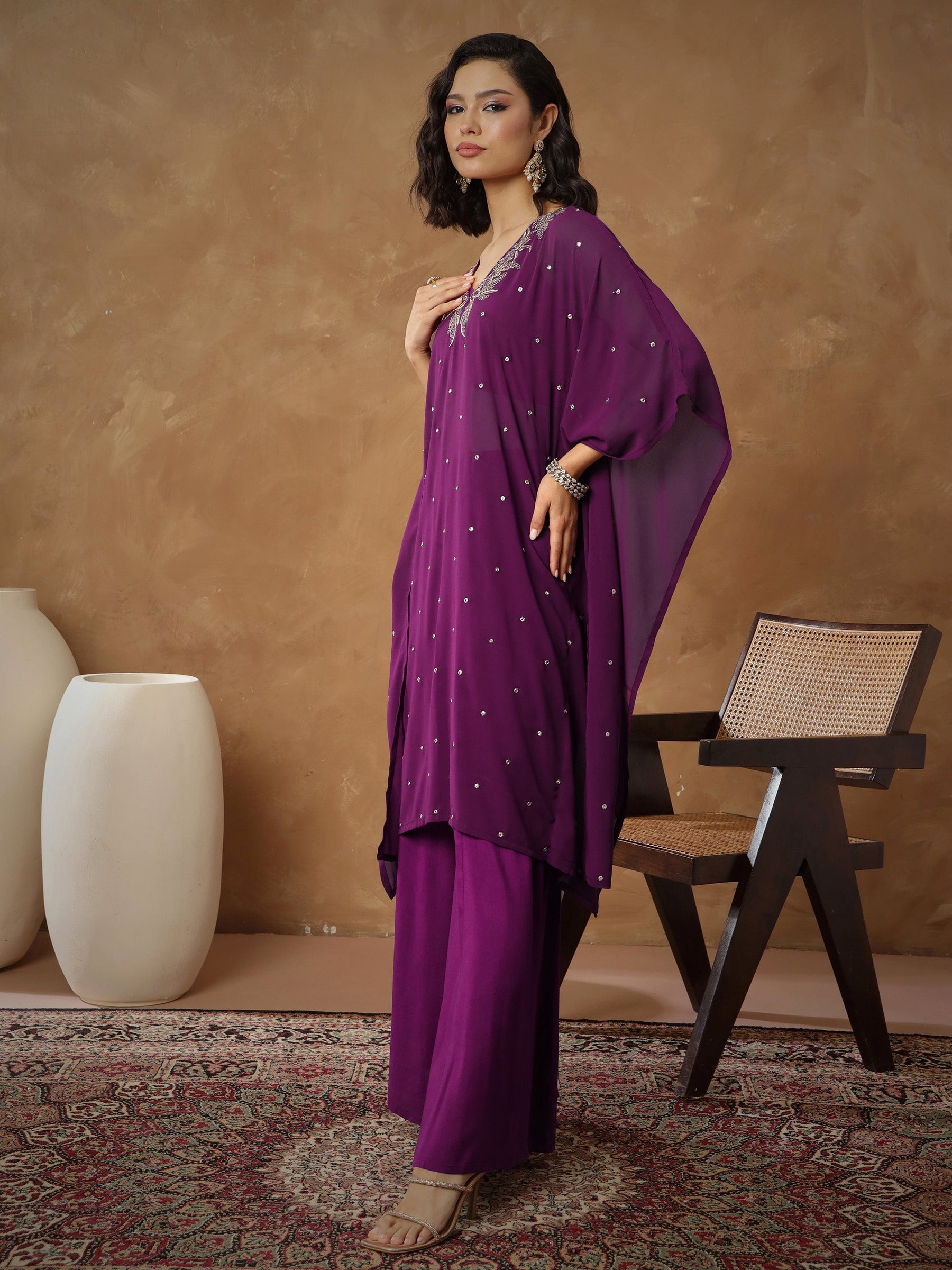 Purple Embroidered Kaftan With Cami & Flared Pants-Shae By SASSAFRAS