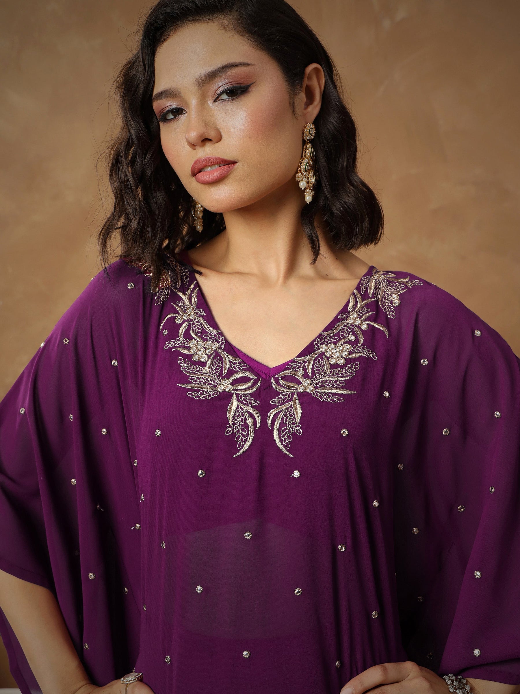 Purple Embroidered Kaftan With Cami & Flared Pants-Shae By SASSAFRAS