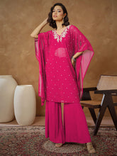 Fuchsia Embroidered Kaftan With Cami & Flared Pants-Shae By SASSAFRAS