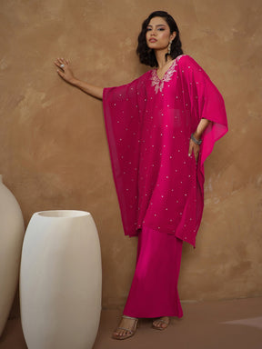 Fuchsia Embroidered Kaftan With Cami & Flared Pants-Shae By SASSAFRAS