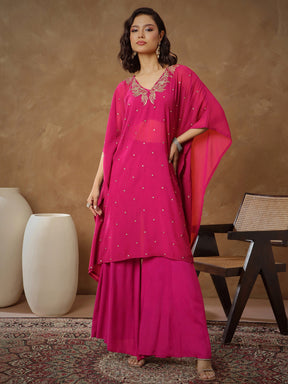 Fuchsia Embroidered Kaftan With Cami & Flared Pants-Shae By SASSAFRAS