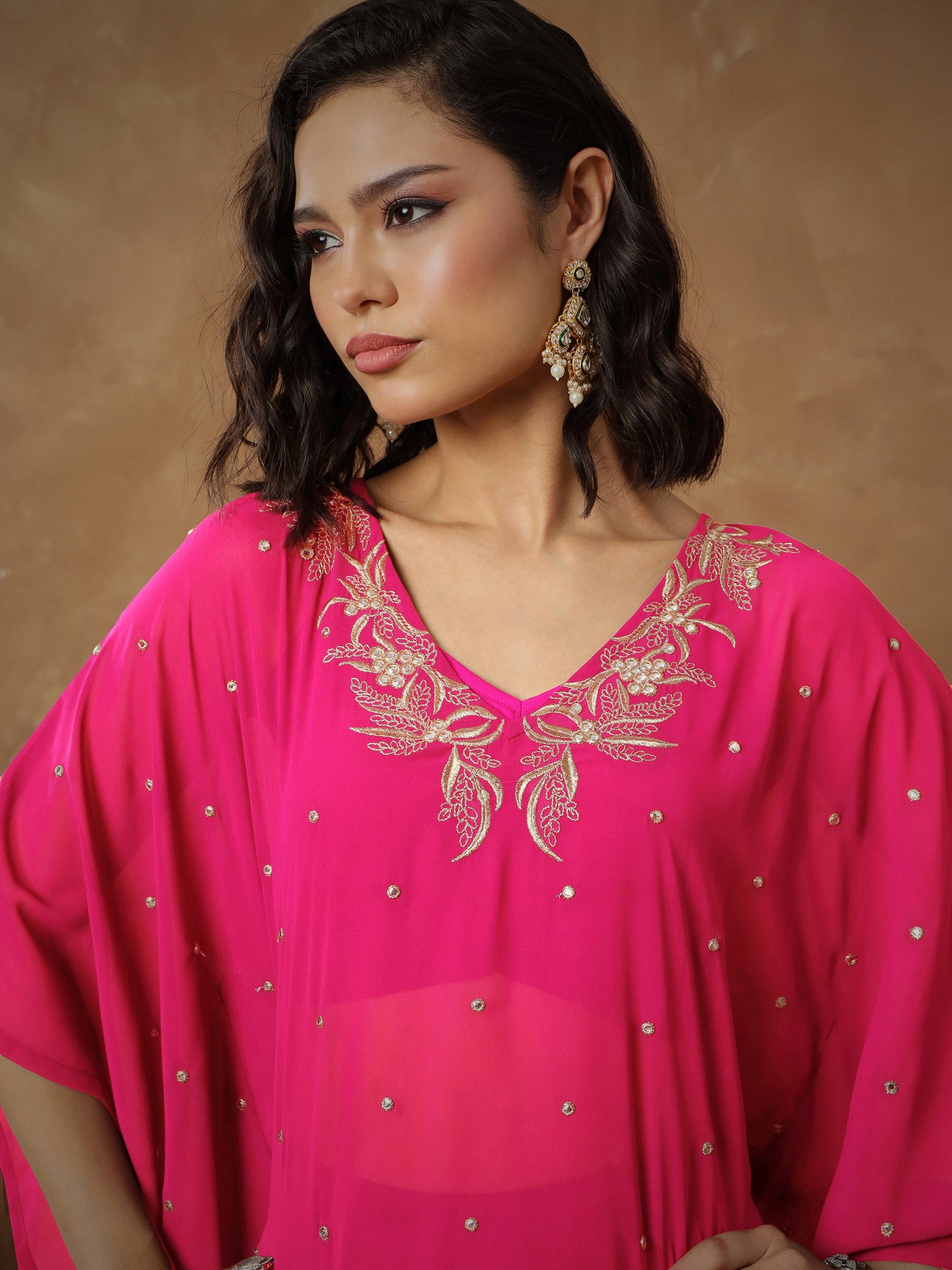 Fuchsia Embroidered Kaftan With Cami & Flared Pants-Shae By SASSAFRAS