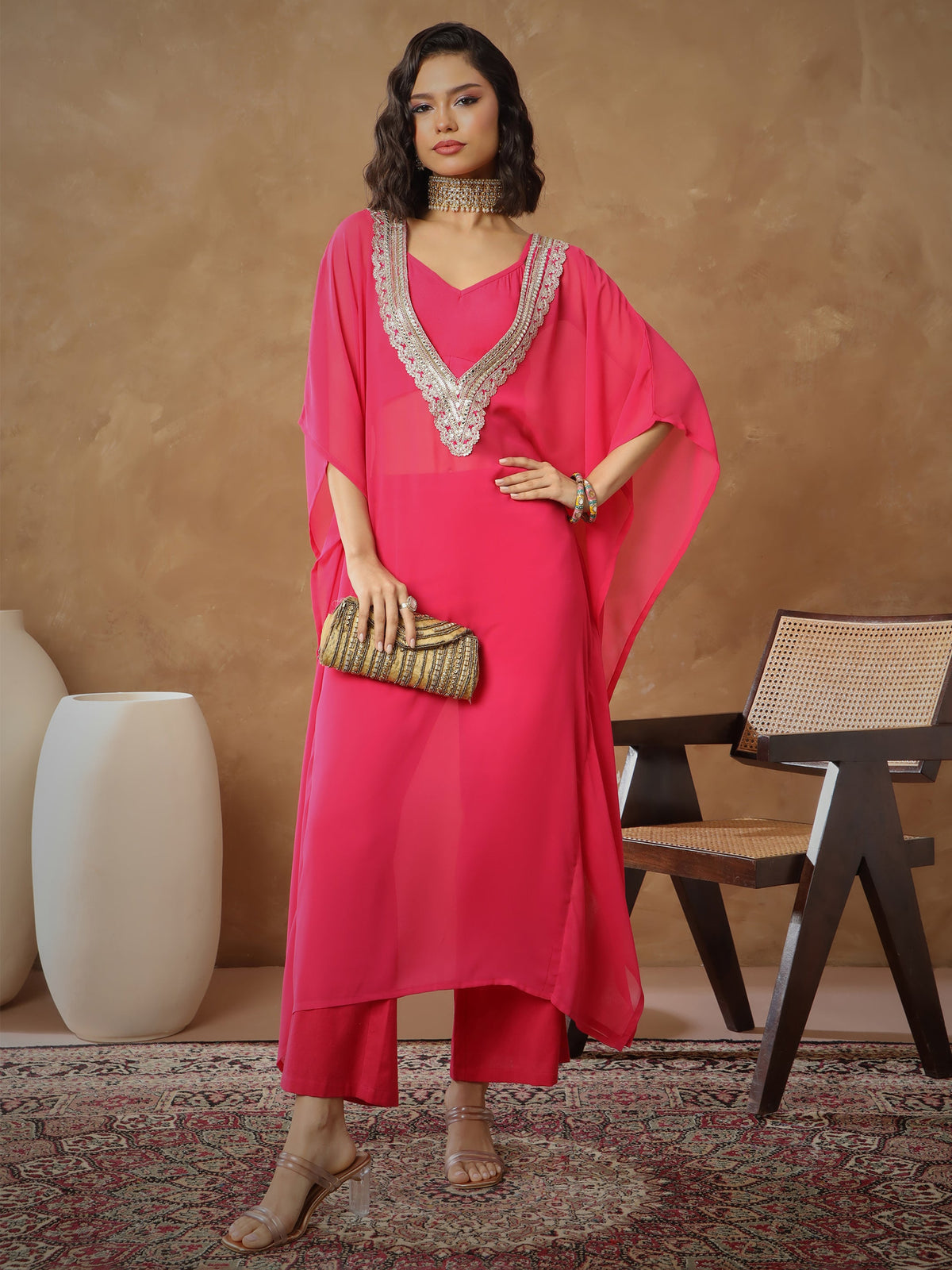 Fuchsia Embroidered Kaftan With Cami & Straight Pants-Shae By SASSAFRAS