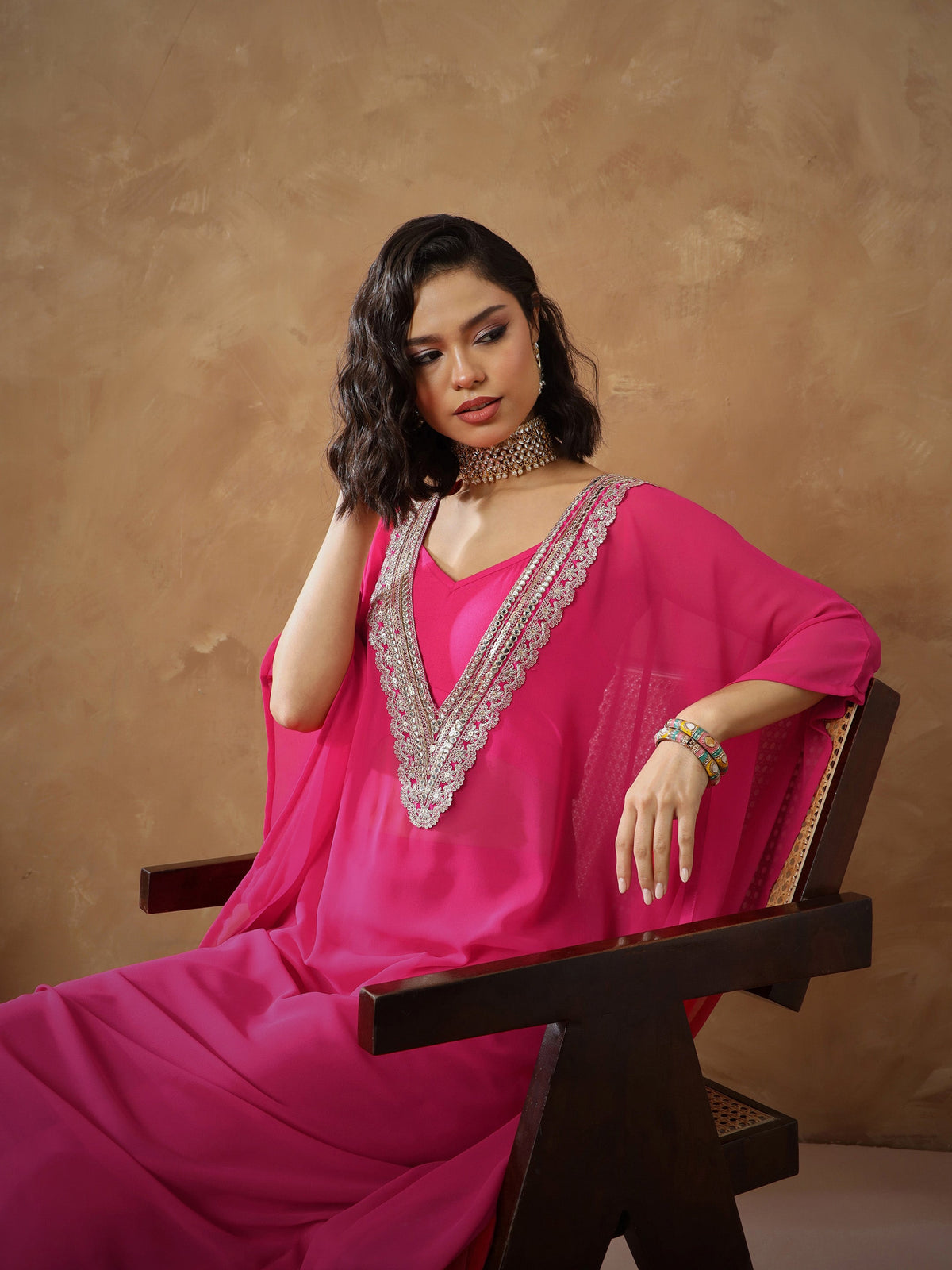 Fuchsia Embroidered Kaftan With Cami & Straight Pants-Shae By SASSAFRAS