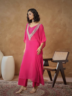 Fuchsia Embroidered Kaftan With Cami & Straight Pants-Shae By SASSAFRAS