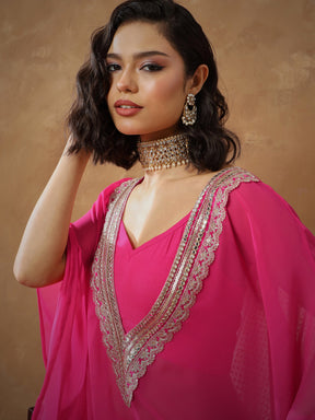 Fuchsia Embroidered Kaftan With Cami & Straight Pants-Shae By SASSAFRAS