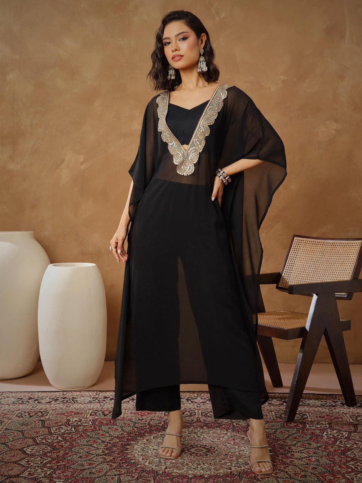 Black Embroidered Kaftan With Cami & Straight Pants-Shae By SASSAFRAS