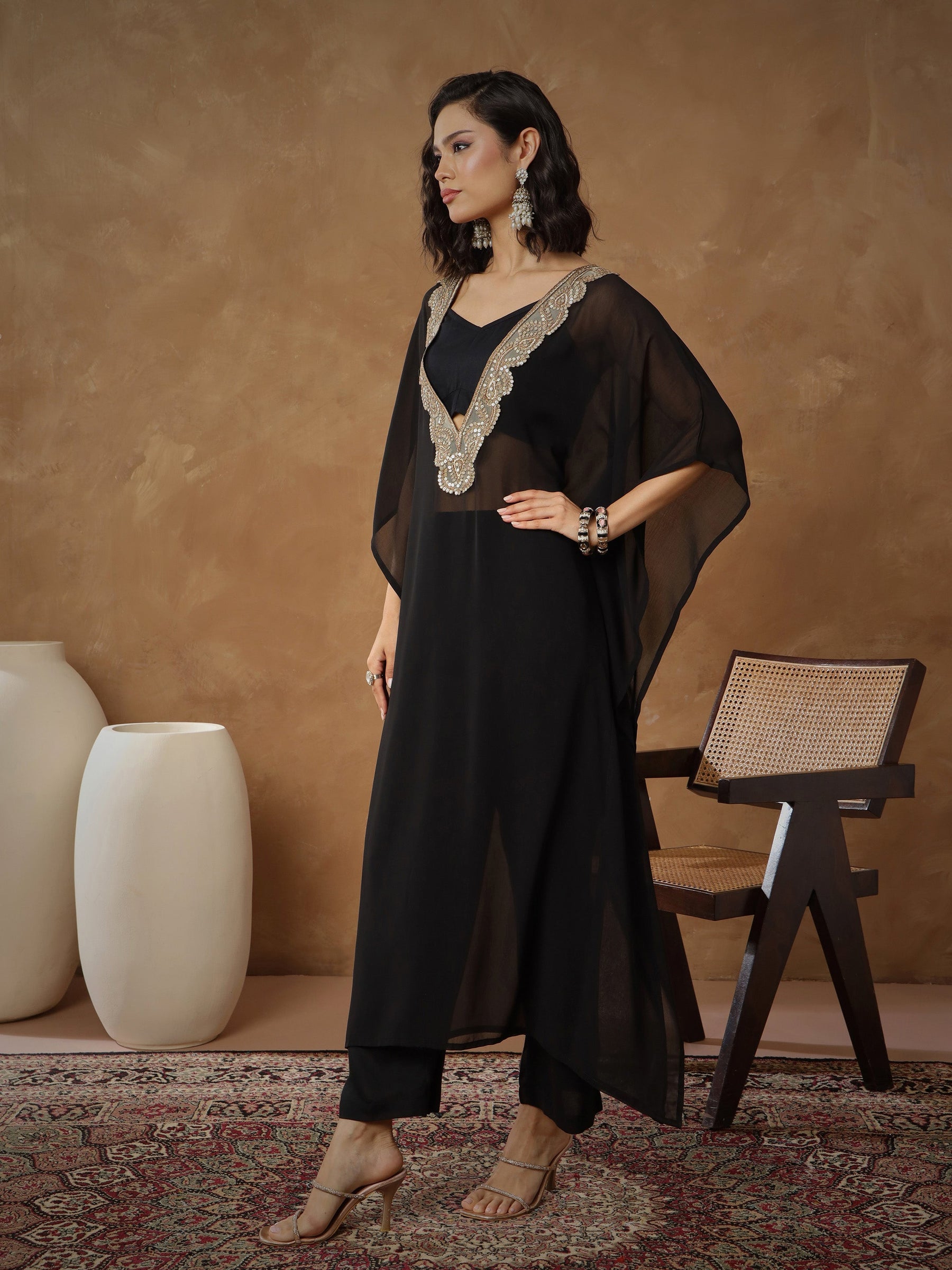 Black Embroidered Kaftan With Cami & Straight Pants-Shae By SASSAFRAS