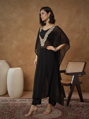 Black Embroidered Kaftan With Cami & Straight Pants-Shae By SASSAFRAS