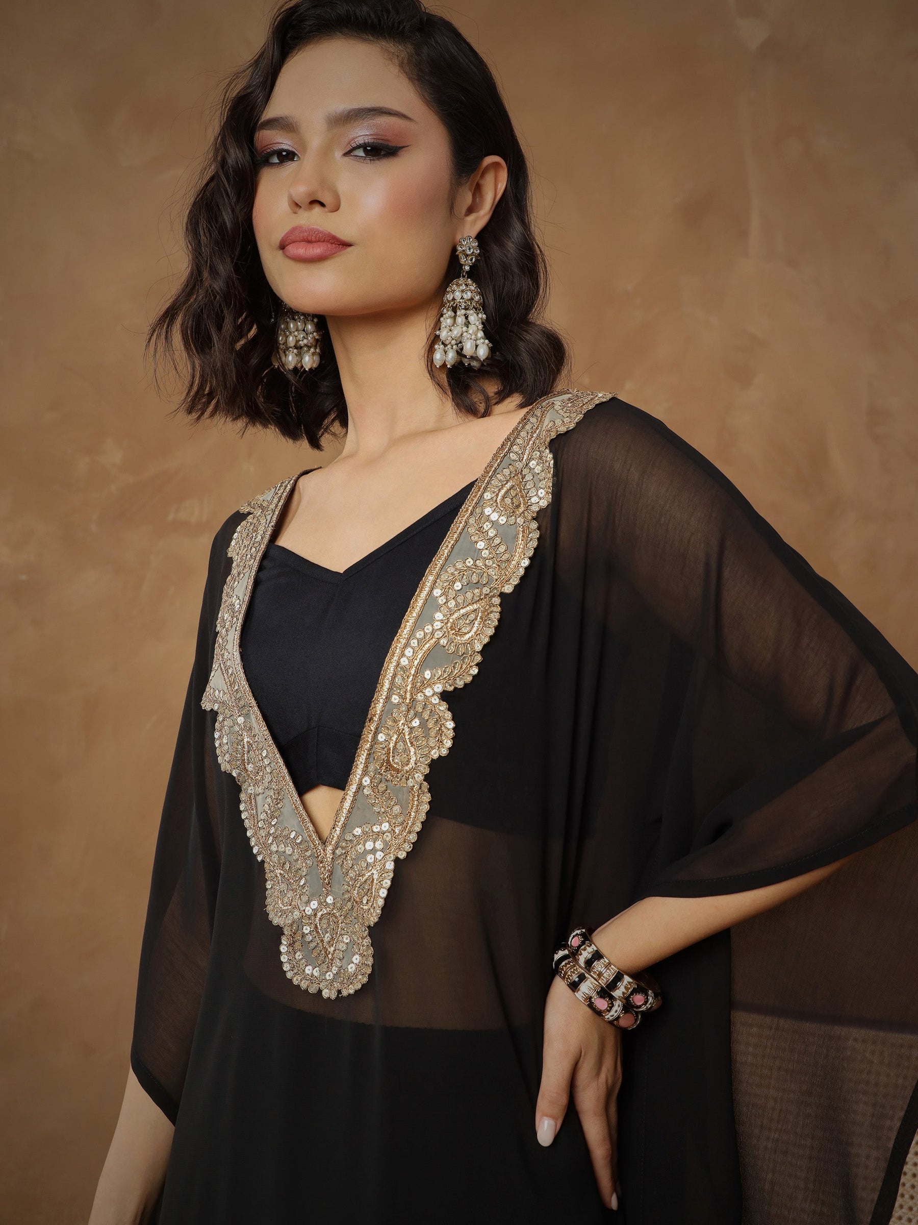 Black Embroidered Kaftan With Cami & Straight Pants-Shae By SASSAFRAS