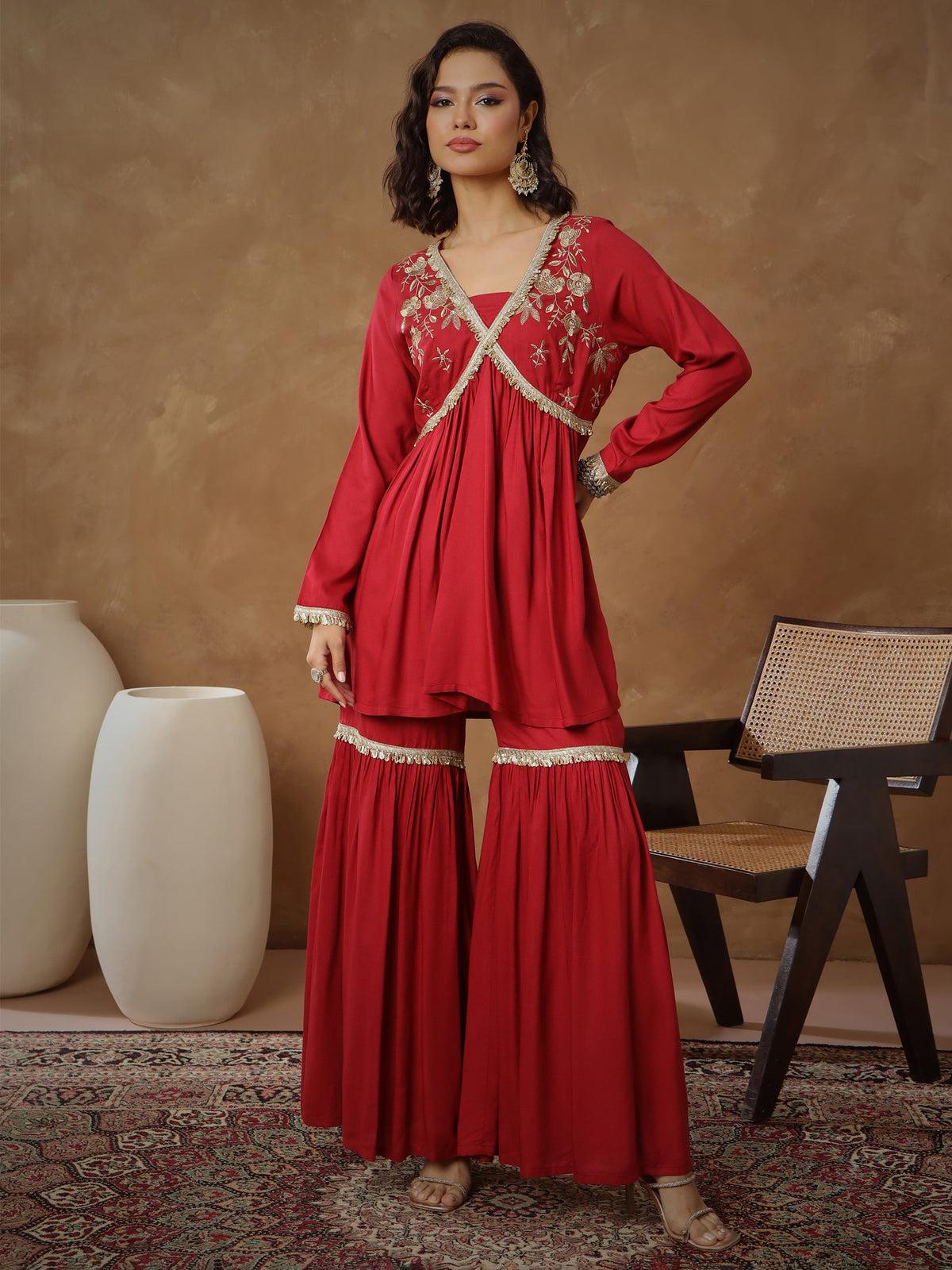 Maroon Embroidered Peplum Kurta With Sharara Pants -Shae By SASSAFRAS