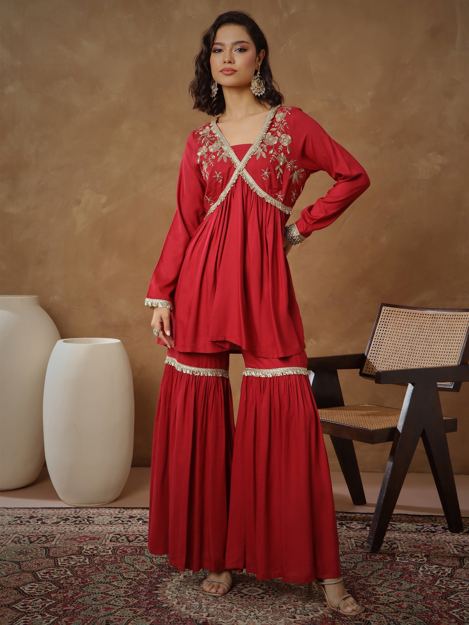 Maroon Embroidered Peplum Kurta With Sharara Pants -Shae By SASSAFRAS