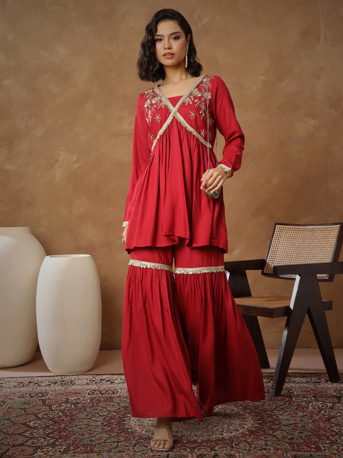 Maroon Embroidered Peplum Kurta With Sharara Pants -Shae By SASSAFRAS