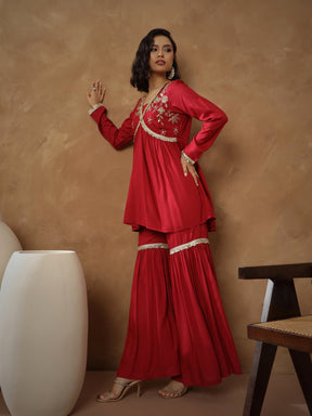 Maroon Embroidered Peplum Kurta With Sharara Pants -Shae By SASSAFRAS