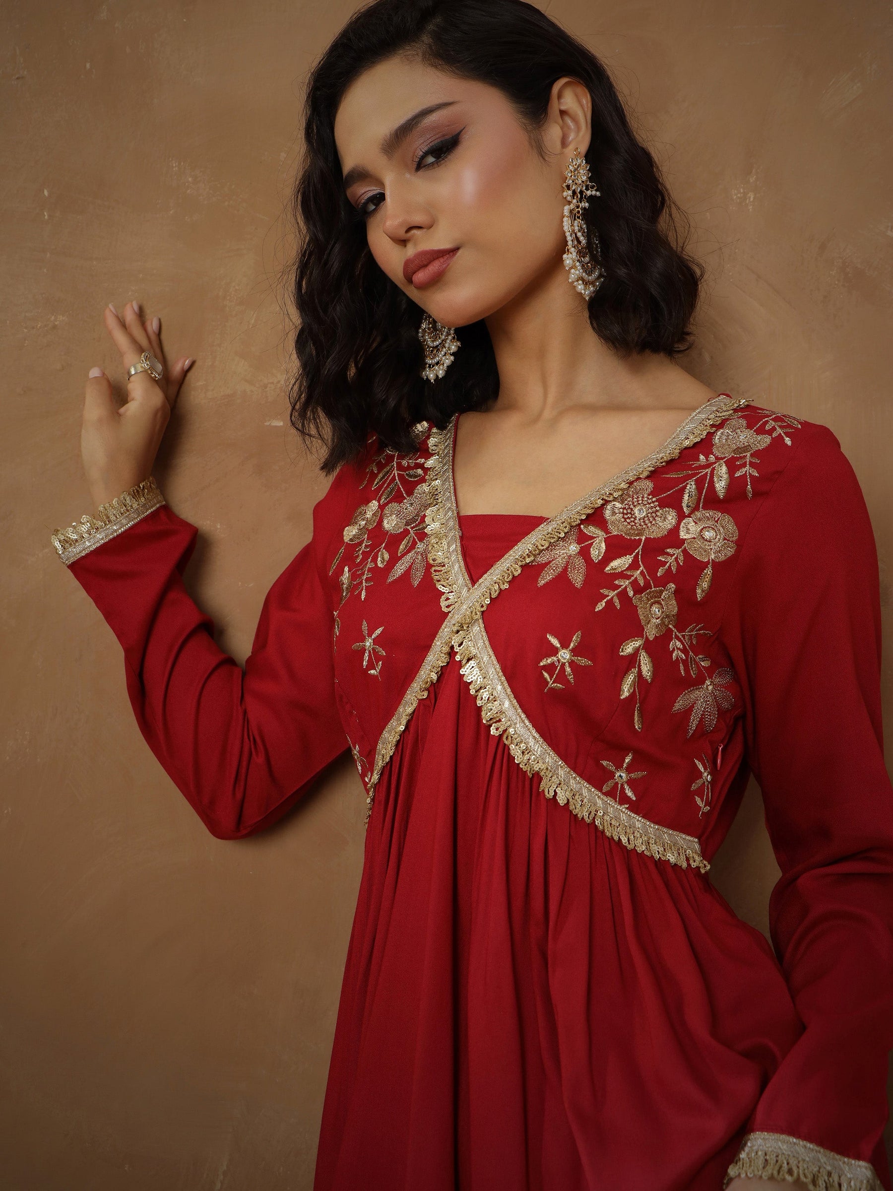 Maroon Embroidered Peplum Kurta With Sharara Pants -Shae By SASSAFRAS