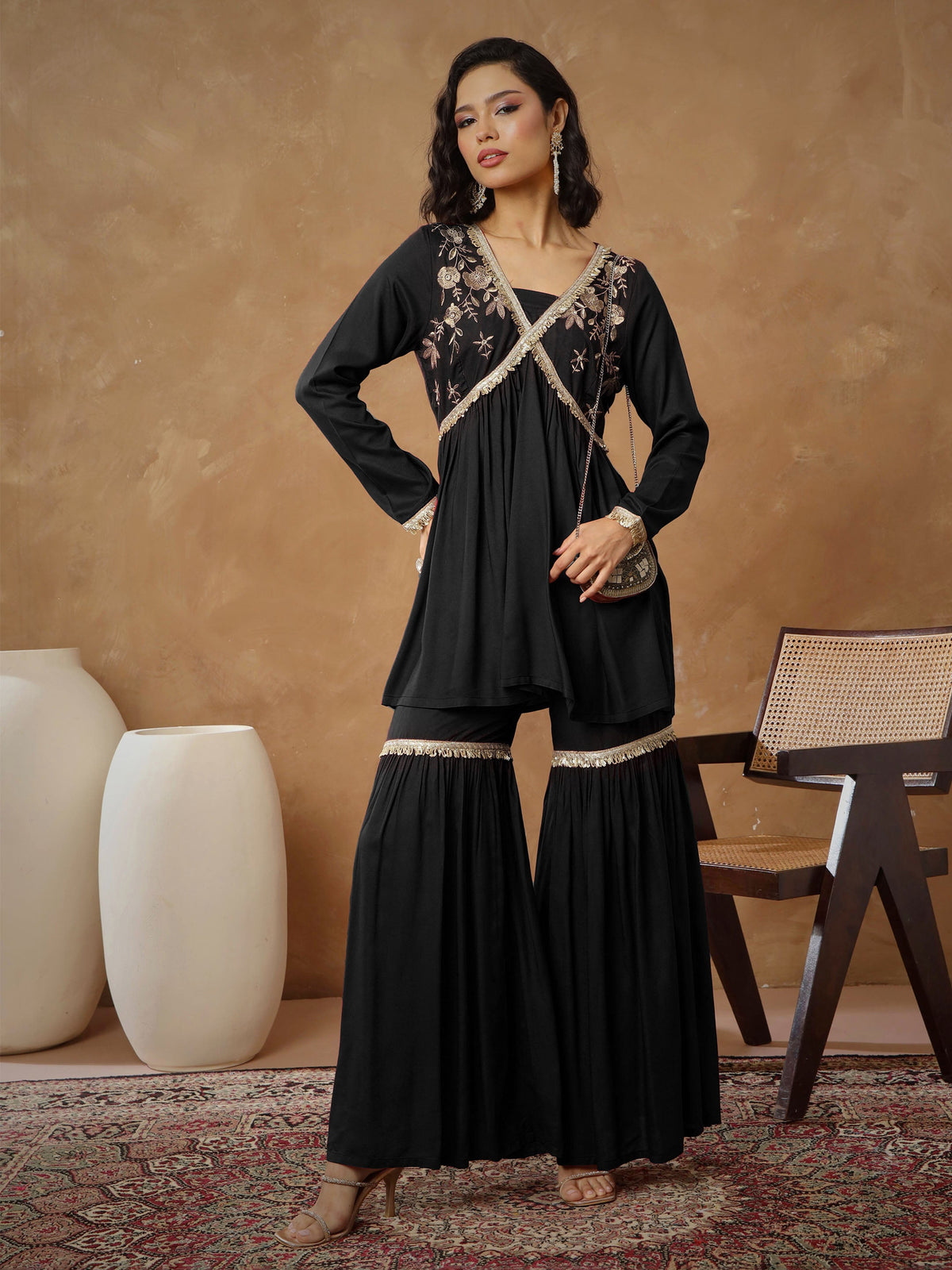 Black Embroidered Peplum Kurta With Sharara Pants -Shae By SASSAFRAS