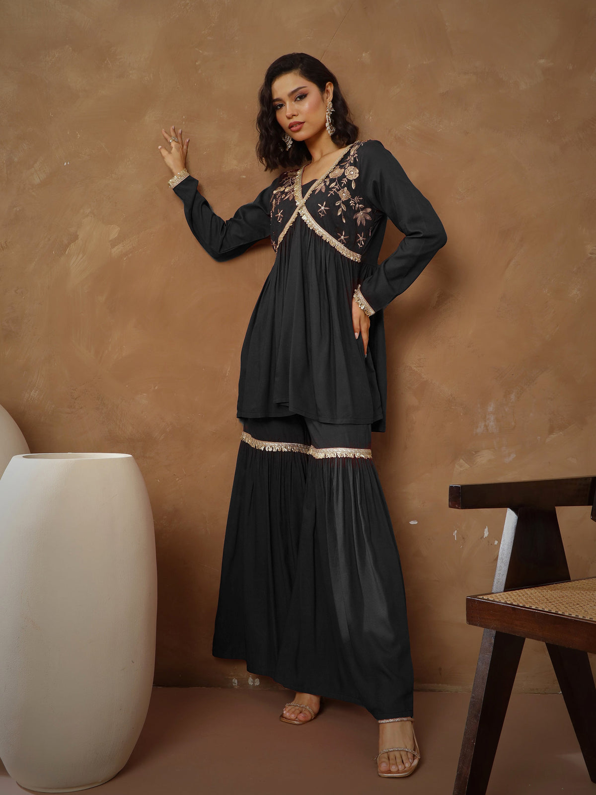 Black Embroidered Peplum Kurta With Sharara Pants -Shae By SASSAFRAS