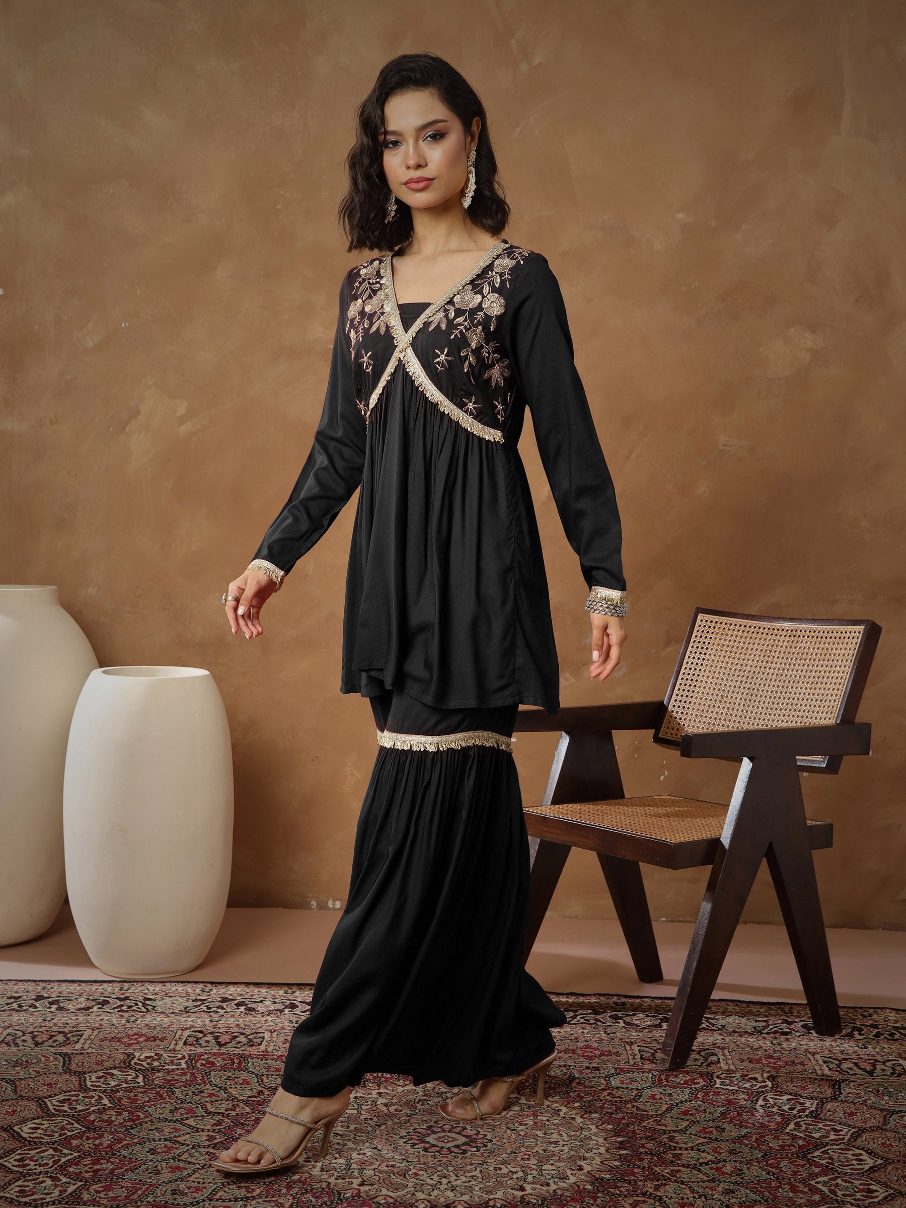 Black Embroidered Peplum Kurta With Sharara Pants -Shae By SASSAFRAS
