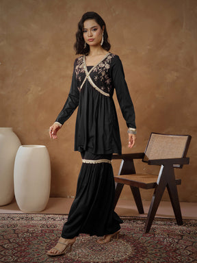 Black Embroidered Peplum Kurta With Sharara Pants -Shae By SASSAFRAS