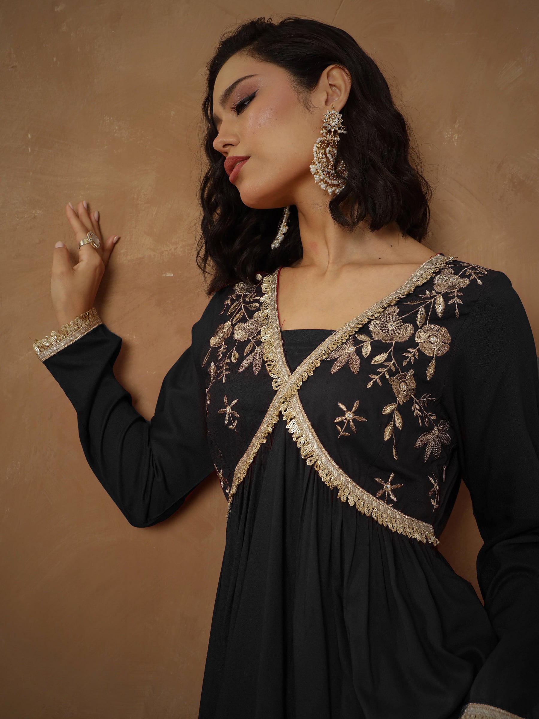 Black Embroidered Peplum Kurta With Sharara Pants -Shae By SASSAFRAS