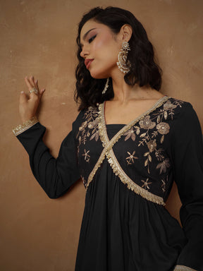 Black Embroidered Peplum Kurta With Sharara Pants -Shae By SASSAFRAS