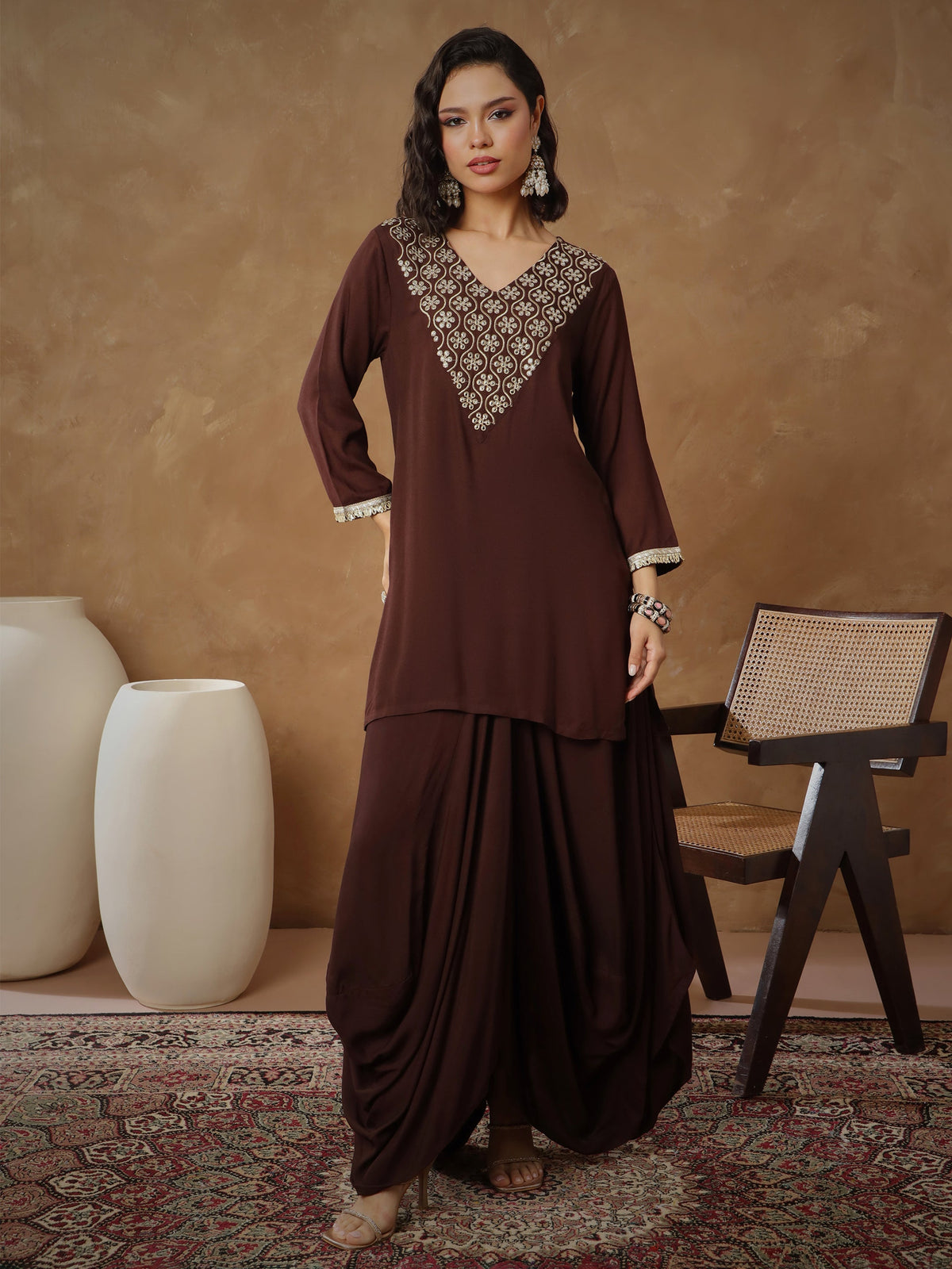 Brown Embroidered Short Kurta With Dhoti Skirt-Shae By SASSAFRAS