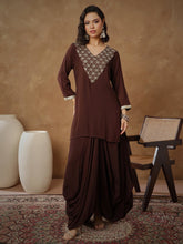 Brown Embroidered Short Kurta With Dhoti Skirt-Shae By SASSAFRAS